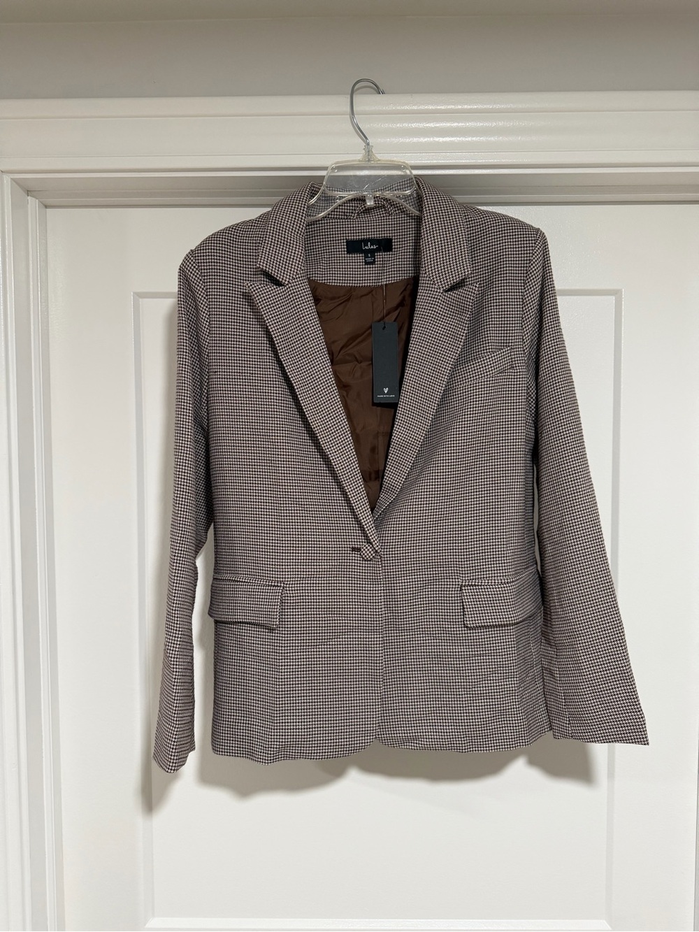 Lulu’s NWT Brown & Cream Houndstooth Blazer Women’s Size Small Single Button